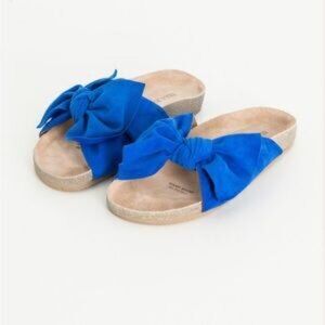 Ulla Johnson Ingrid Suede Leather Bow Slide Sandals in Cobalt Blue